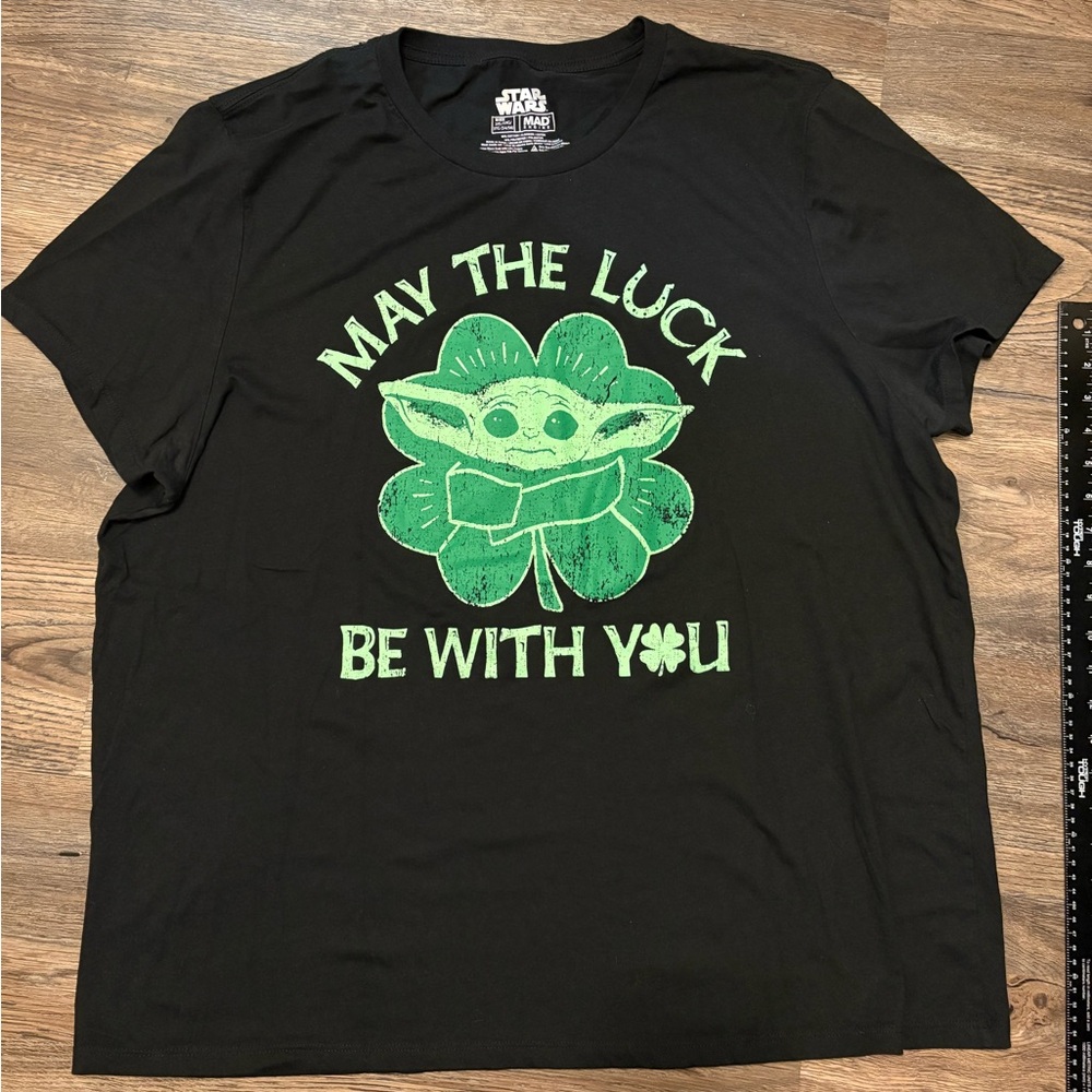 MAD Engine Star Wars Black Tee Grogu St Patrick’s Day Clover Distressed 3XL